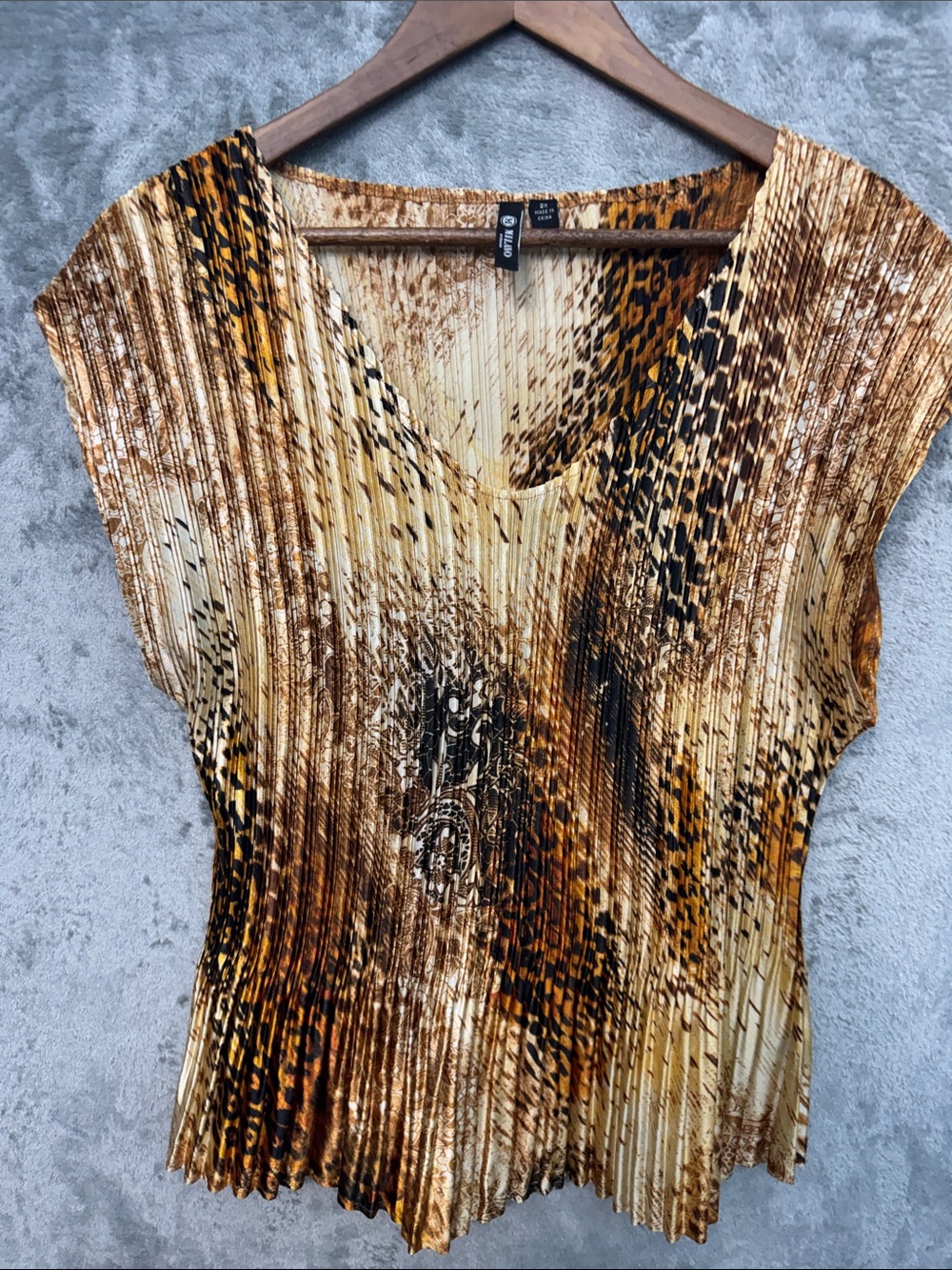 Milano 2X Brown and Tan Pleated Animal-Print V-Neck Top